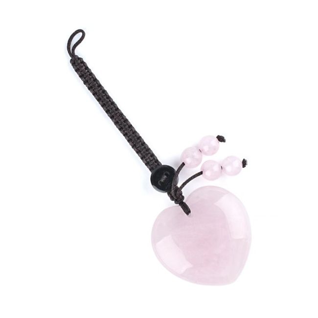 Pingente de bolsa em forma de coração (A) em quartzo rosa natural.