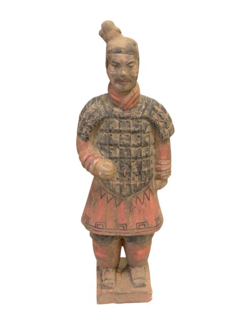 Estátua antiga de guerreiro em terracota colorida, 26 cm