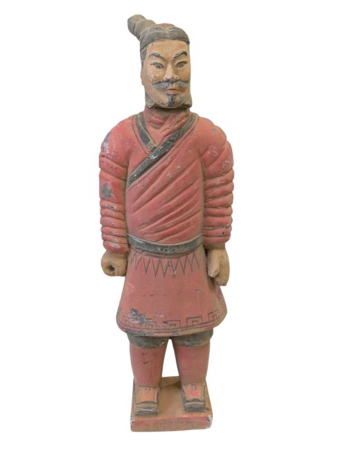 Estátua antiga e colorida de guerreiro em terracota, 26 cm