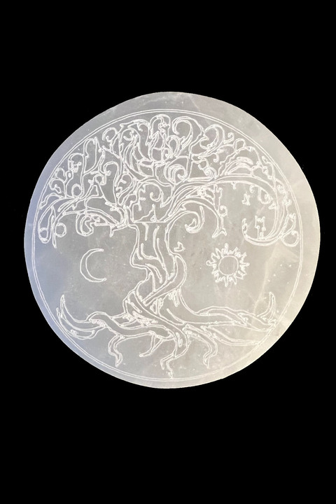 Suporte circular em selenita com a Árvore da Vida, 8 cm, 130 g