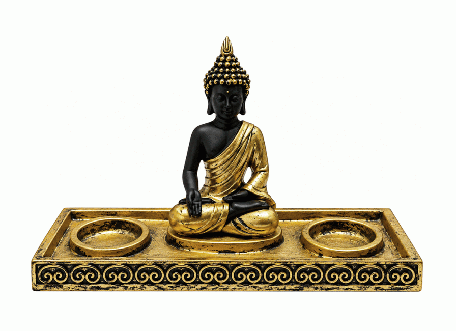 incenso em Castiçal Buda Meditação Dourado e Preto em Resina 22 cm