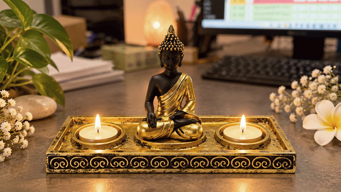 incenso em Castiçal Buda Meditação Dourado e Preto em Resina 22 cm|pt