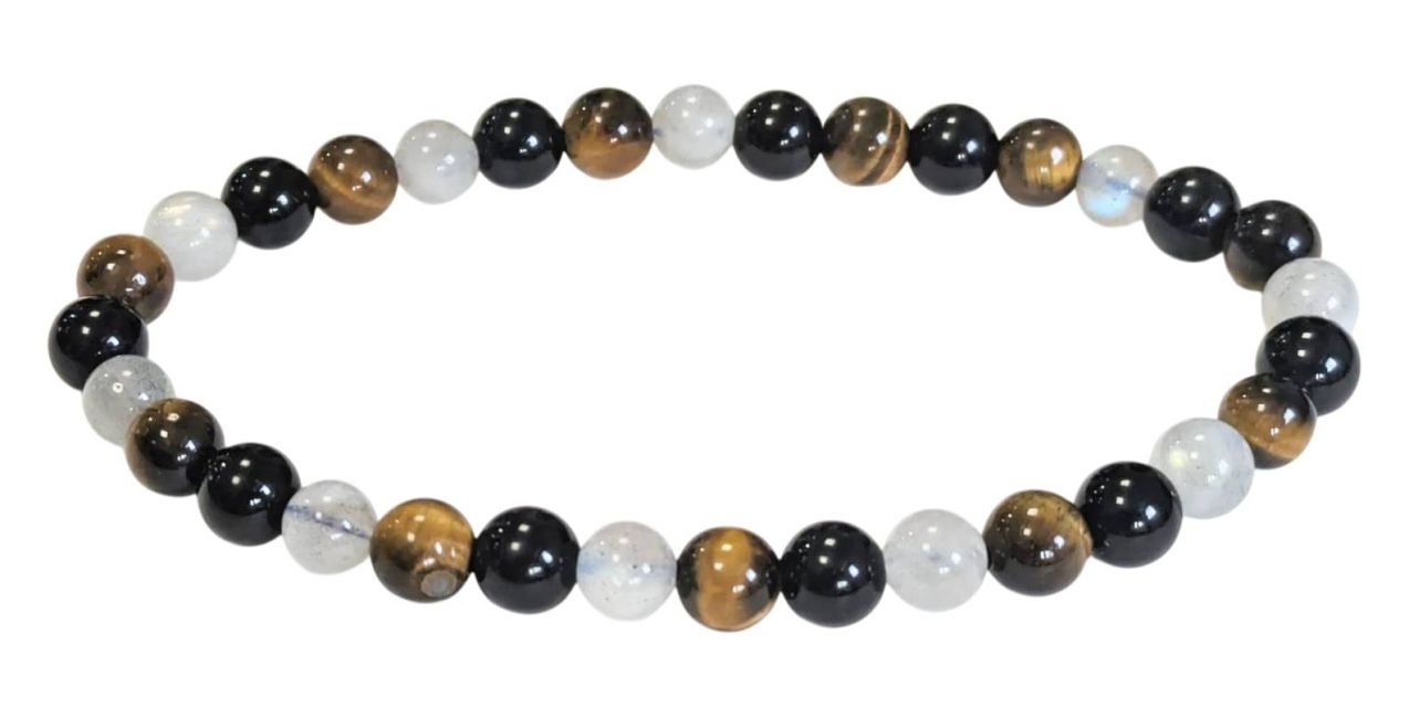 Pulseira de Labradorita, Olho de Tigre e Obsidiana Negra com contas A de 6mm