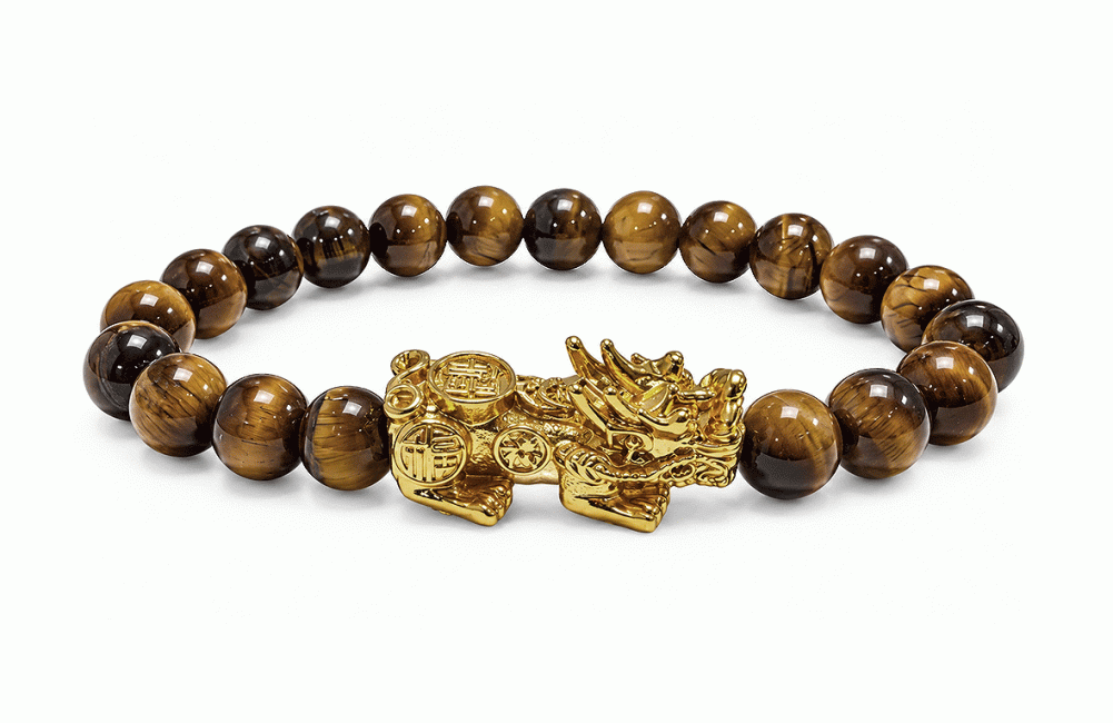 incenso em Pulseira de Olho de Tigre A com Pixiu Dourado e Contas Redondas de 8 mm