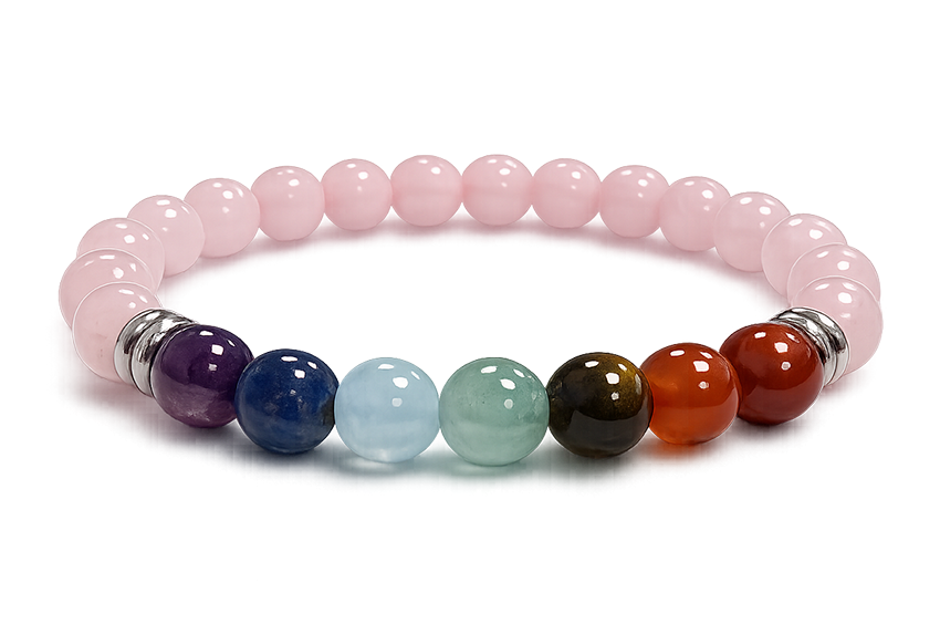 Pulseira de Quartzo Rosa com 7 chakras, contas A de 8mm