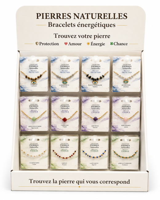 incenso em Expositor para pulseiras de pedra natural e aço inoxidável – 48 pulseiras