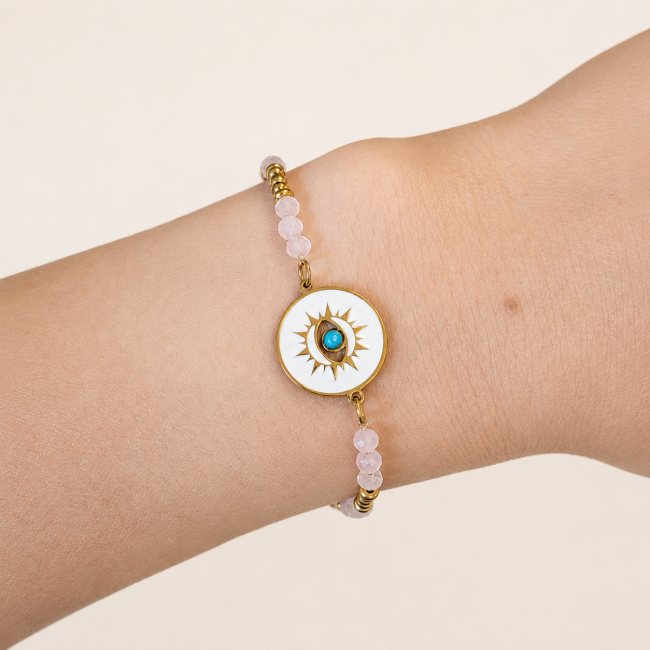incenso em Pulseira de Proteção em Quartzo Rosa A – Medalhão Olho Protetor