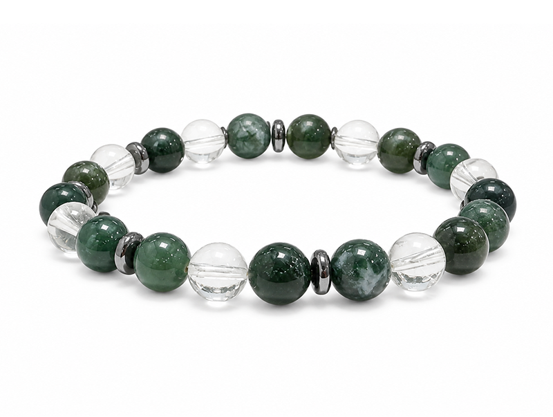 Pulseira de Cristal de Rocha e Ágata Musgo AA contas 8mm