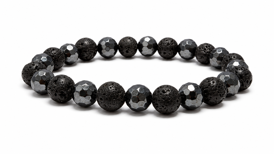 Pulseira de Hematita facetada e Pedra de Lava A contas 8mm