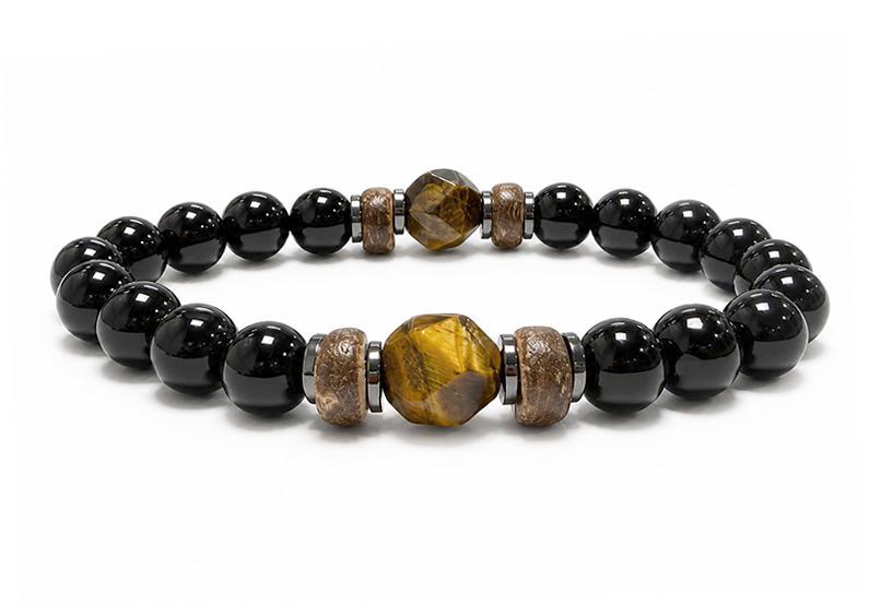 Pulseira de Ônix Preto e Olho de Tigre A contas 8mm