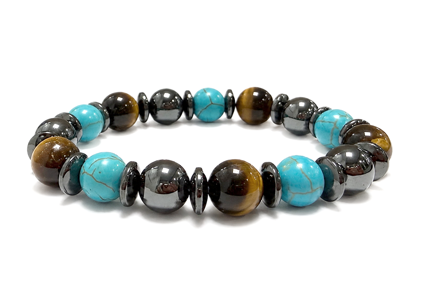 Pulseira de Olho de Tigre, Ônix Preto e Turquenita A contas 10mm