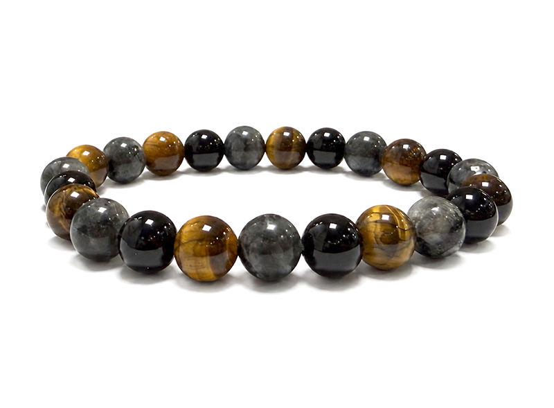 Pulseira de Larvikita, Olho de Tigre e Ônix Preto A contas 8mm