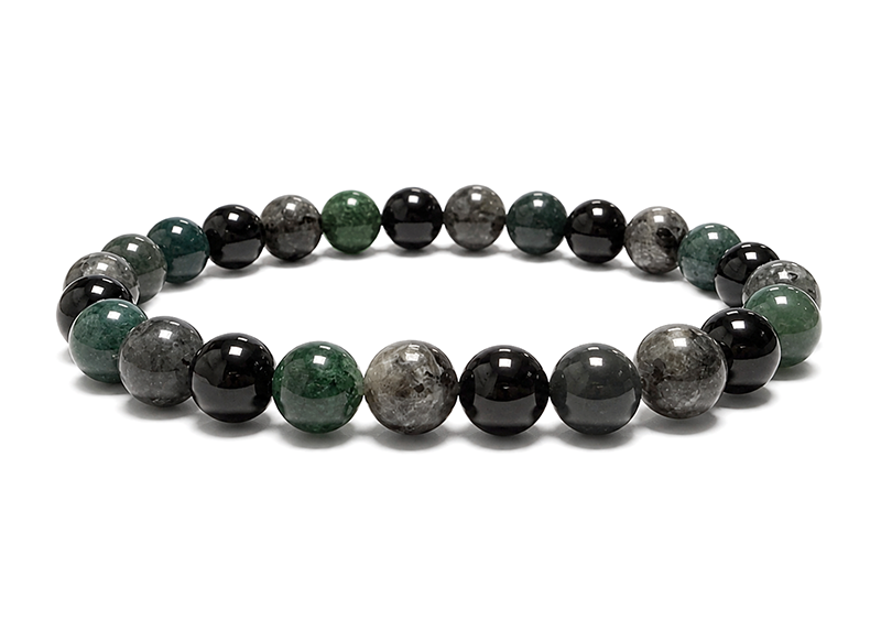Pulseira de Larvikita, Ágata Musgo e Ônix Preto A contas 8mm