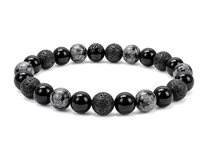 Pulseira de Obsidiana Floco de Neve, Pedra de Lava e Ônix Preto A contas 8mm