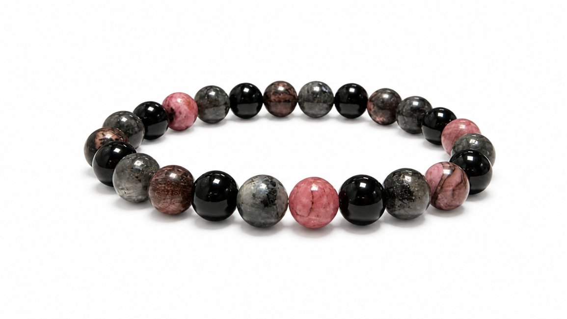 Pulseira de Rodonita, Larvikita e Ônix Preto A contas 8mm