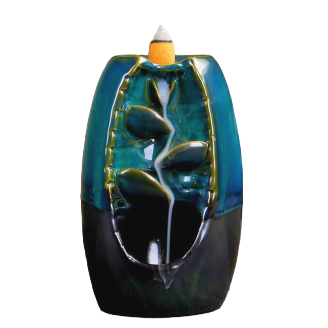 Suporte para incenso em cerâmica Backflow Castanho e azul Cascata de folhas 13cm