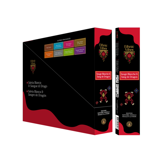Incenso Fragrâncias e Sentidos Vibrações Étnicas Sálvia Branca e Sangue de Dragão masala 15g