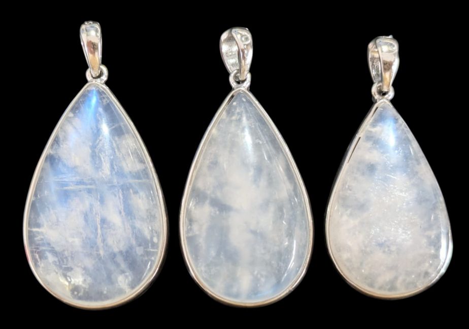 Pingente em prata de lei 925 com pedra da lua branca AAA, conjunto de 3 peças, 10,48g