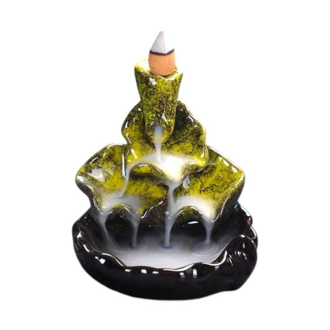 Porta Incenso Backflow Cerâmica Cachoeira Folhas de Lótus Verde Amarelo 10cm