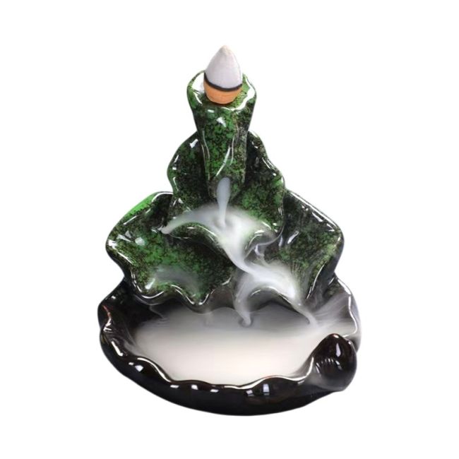 Porta-incenso de cerâmica com design em cascata e folhas de lótus verdes, 10 cm