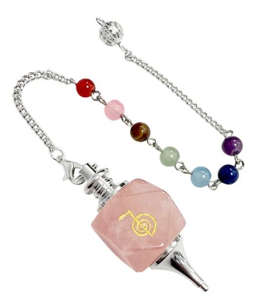 Pêndulo Hexagolal de Quartzo Rosa Reiki ChoKu Rei 7 Chakras