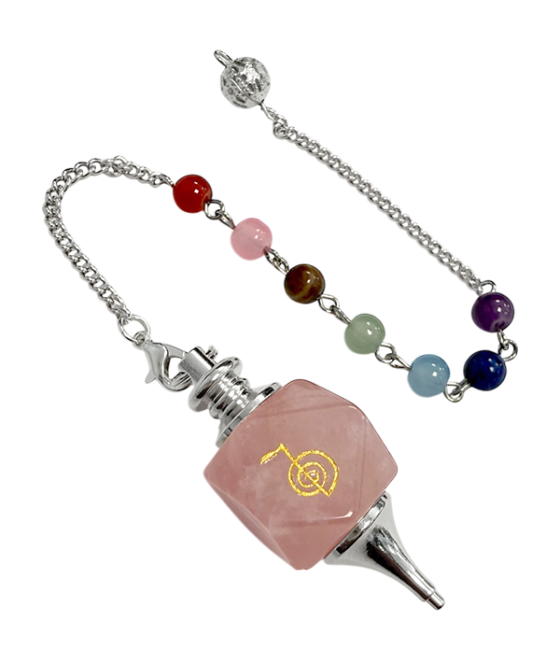 Pêndulo Hexagolal de Quartzo Rosa Reiki ChoKu Rei 7 Chakras