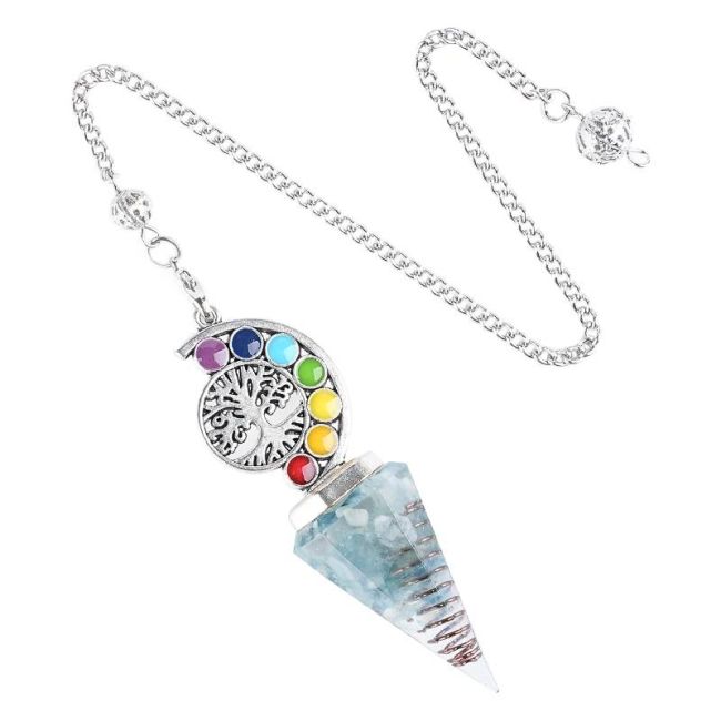 incenso em Pêndulo de orgonite aquamarino Árvore da Vida 7 Chakras 6 lados