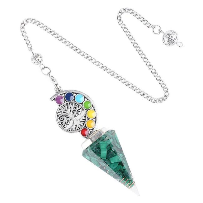 incenso em Pêndulo de orgonite e malaquita, Árvore da Vida, 7 chakras, 6 faces