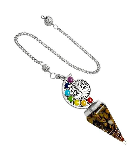 Pêndulo Orgonite Olho de Tigre Árvore da Vida 7 Chakras 6 lados