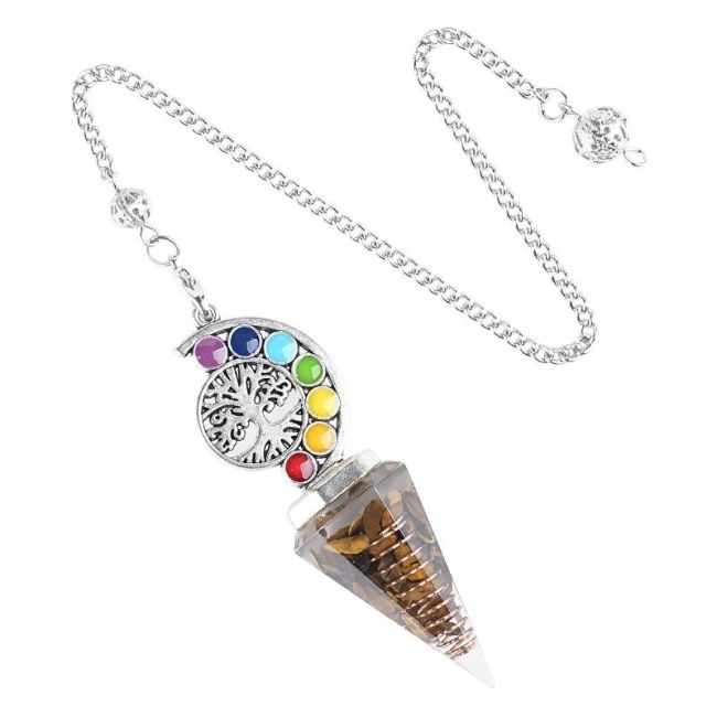 Pêndulo Orgonite Olho de Tigre Árvore da Vida 7 Chakras 6 lados