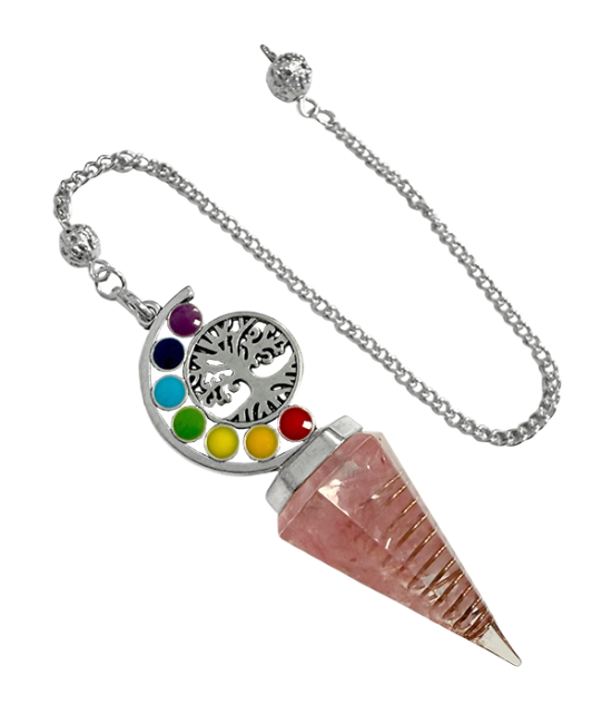 Pêndulo de Orgonite Quartzo Rosa Árvore da Vida 7 Chakras 6 lados