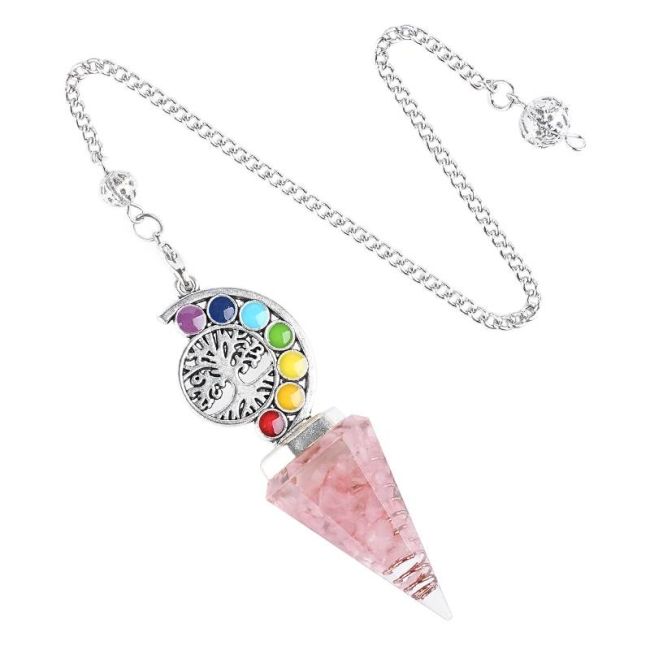 Pêndulo de Orgonite Quartzo Rosa Árvore da Vida 7 Chakras 6 lados