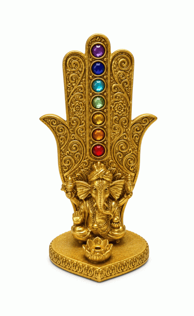 incenso em Porta-Incenso Mão de Fátima Ganesh 7 Chakras Dourado em Resina 16 cm