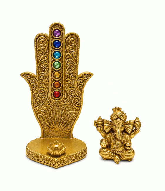 incenso em Porta-Incenso Mão de Fátima Ganesh 7 Chakras Dourado em Resina 16 cm|pt