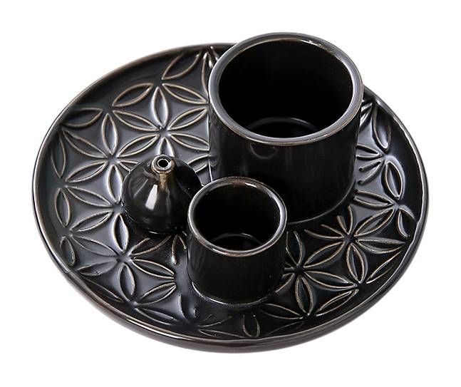 Porta-incenso de cerâmica preta Flores da Vida para Palo Santo e Sálvia Branca 13 cm