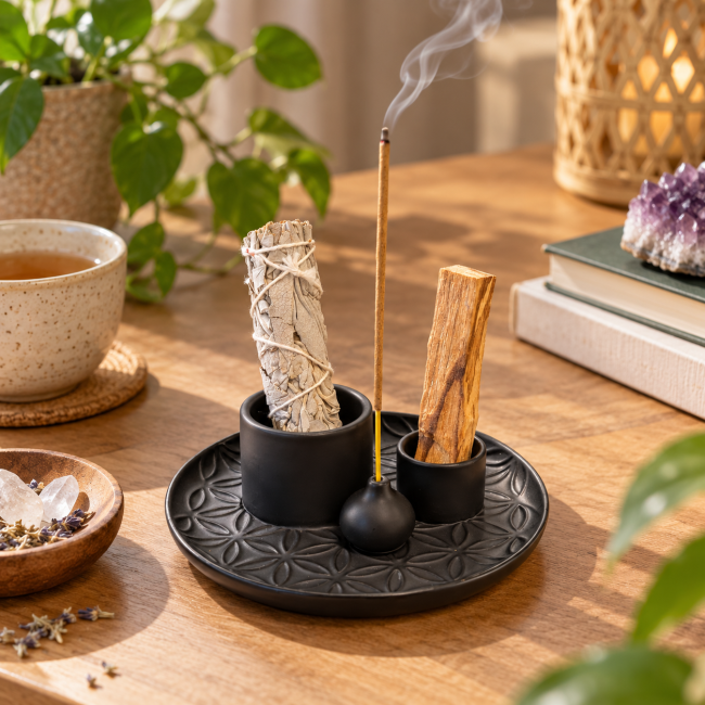 incenso em Porta-Incenso Multifuncional Flor da Vida Preto Fosco 13 cm|pt