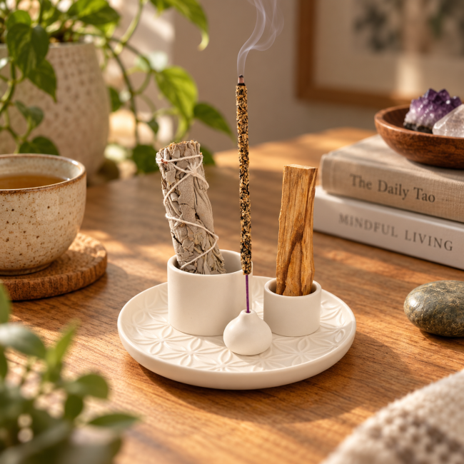 incenso em Porta-incenso de cerâmica preta Flores da Vida para Palo Santo e Sálvia Branca 13 cm|pt