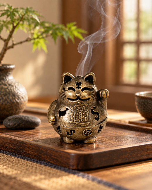 incenso em Queimador de incenso Maneki-neko bronze 4,9 cm – Lote de 3|pt