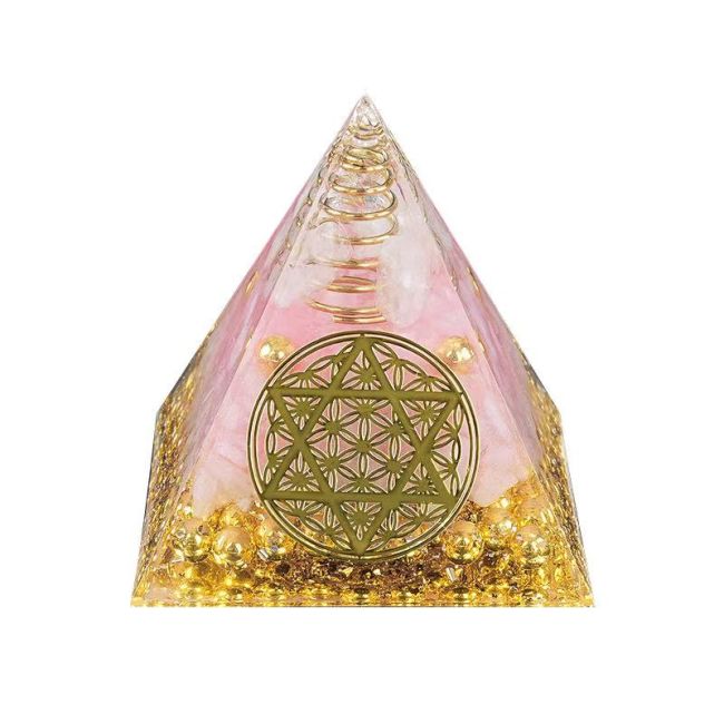 Pirâmide de Orgonite Cristal de Rocha e Quartzo Rosa Flor de Vida Pentáculo