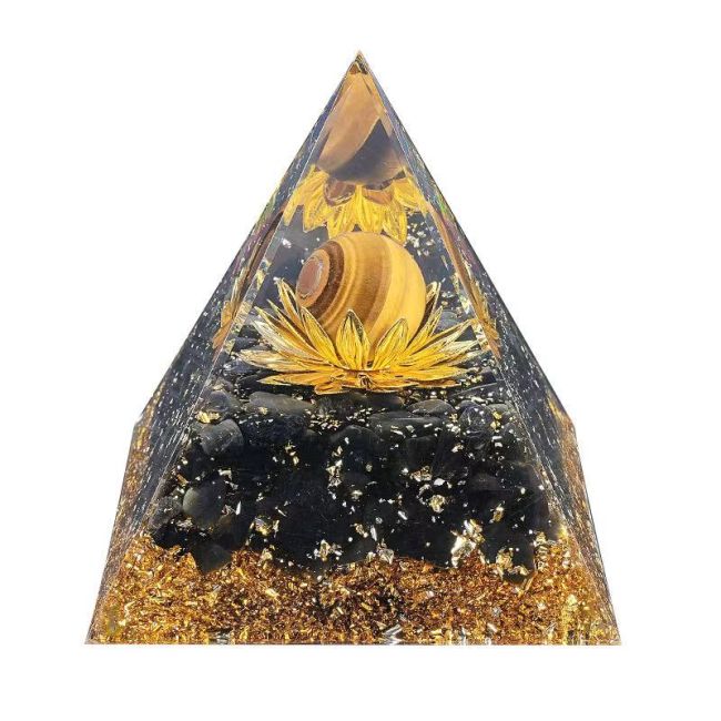 incenso em Pirâmide de orgonite com olho de tigre e lótus de obsidiana negra, 8 cm