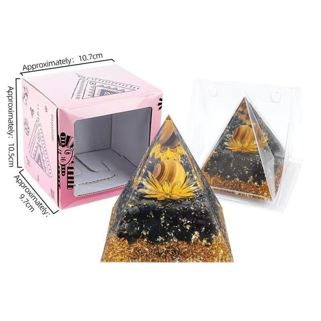 incenso em Pirâmide de orgonite com olho de tigre e lótus de obsidiana negra, 8 cm|pt