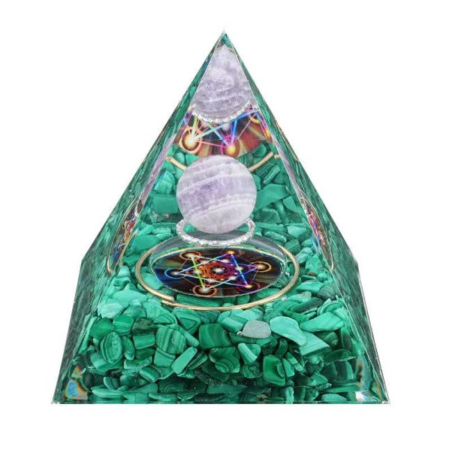incenso em Pirâmide de Orgonite Metatron de Ametista e Malaquita 8cm