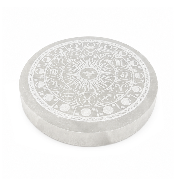 Placa Circular em Selenite Roda do Zodíaco 12cm 350g