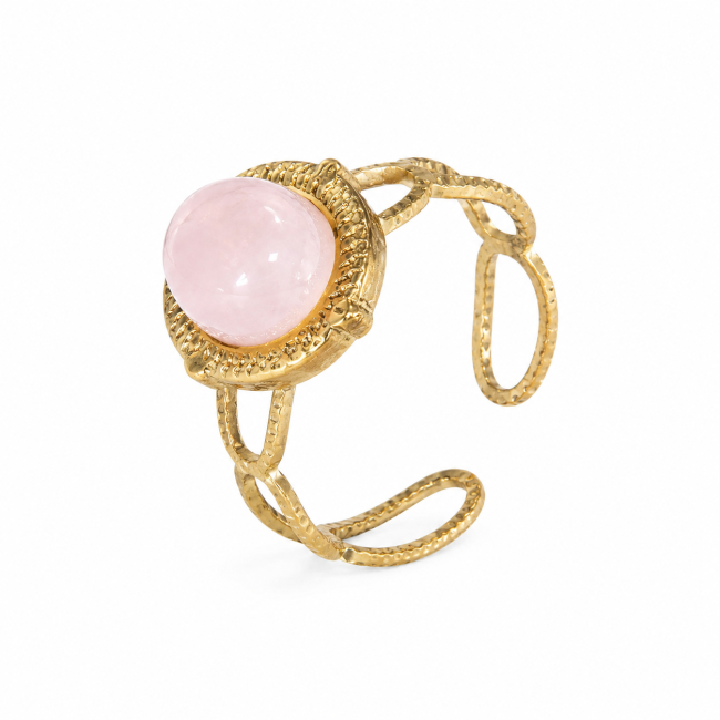 Anel oval de quartzo rosa em aço inoxidável banhado a ouro