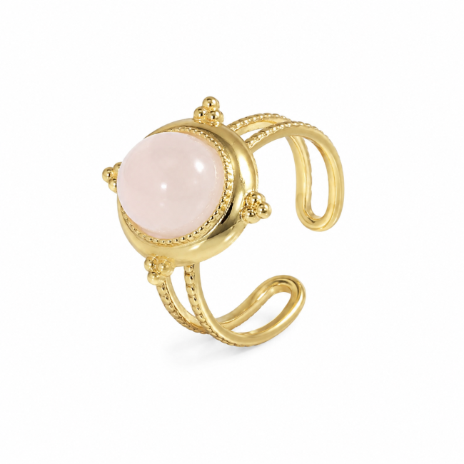Anel oval de quartzo rosa em aço inoxidável banhado a ouro