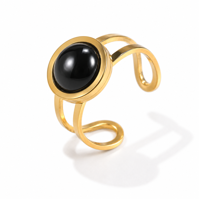 Anel redondo em aço inoxidável banhado a ouro com obsidiana negra