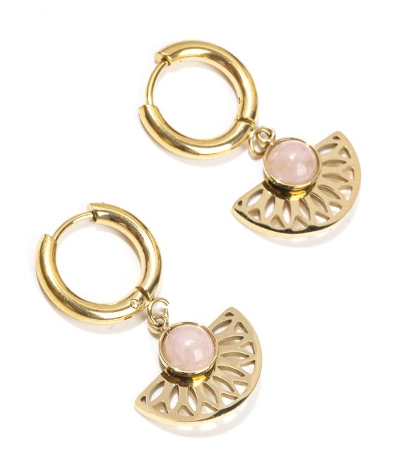 Brincos Aztecas de Quartzo Rosa em Aço Inoxidável Dourado A 33mm