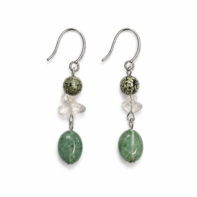 incenso em Brincos – Jaspe Zebra Verde, Cristal de Rocha e Aventurina Verde