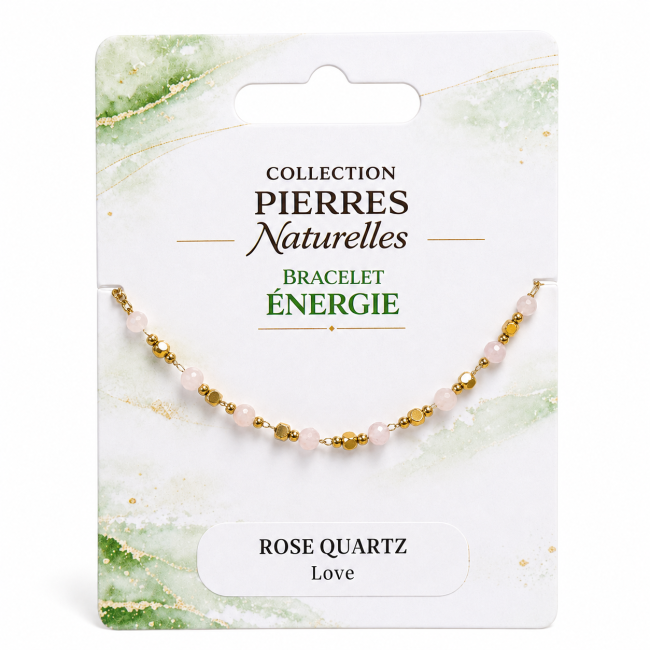 Pulseira Energia em Quartzo Rosa AB – Contas Douradas