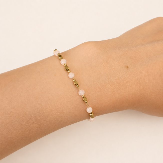 incenso em Pulseira Energia em Quartzo Rosa AB – Contas Douradas